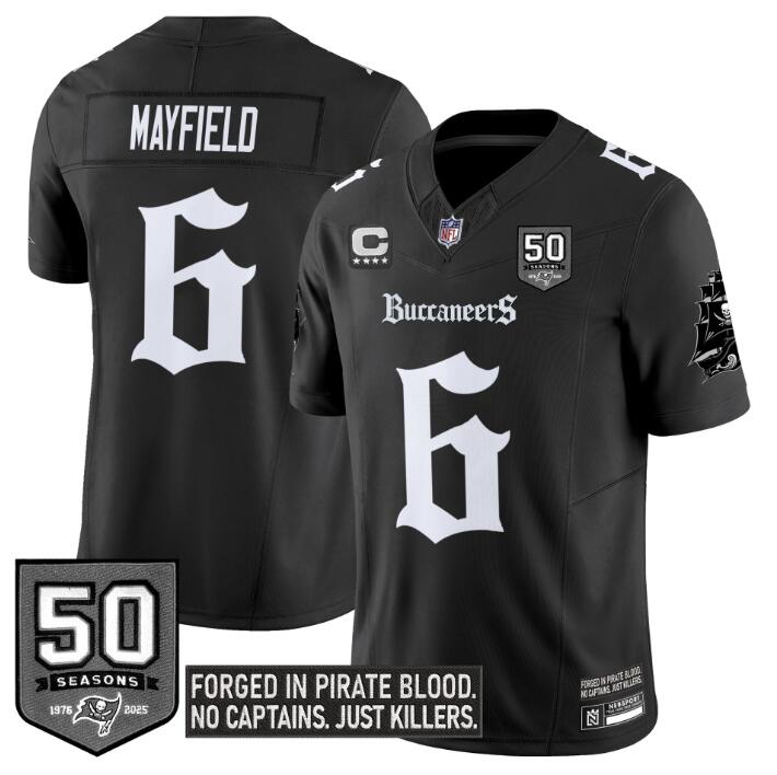 Men's Tampa Bay Buccaneers #6 Baker Mayfield Black F.U.S.E. 50th Season & 4-Star C Patch 'Gothic Pirate Shadows Edition' Limited Stitched Football Jersey